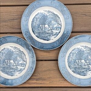 Currier & Ives Set of 3 The Old Grist Mill Elegant Blue and White Dinner Plates